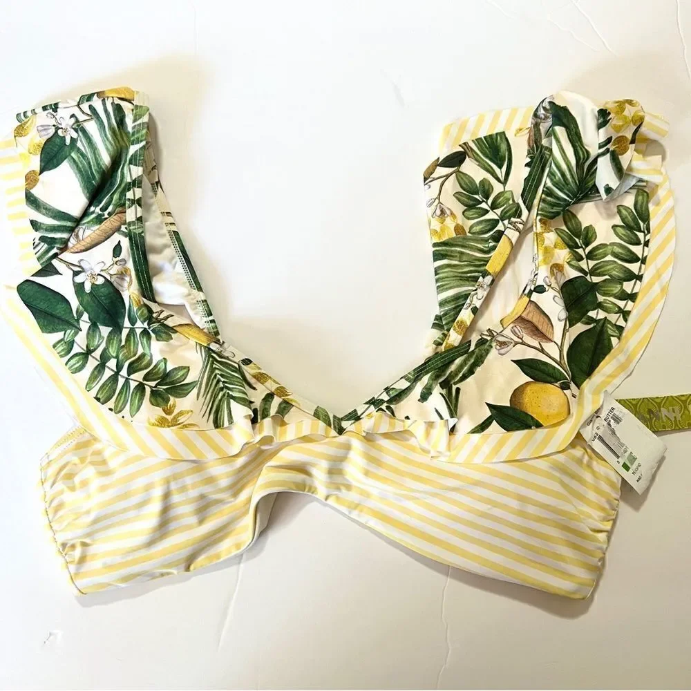 NWT New Gianni Bini Tropical Lemons Ruffled Bralette Bikini Swim Feminine L